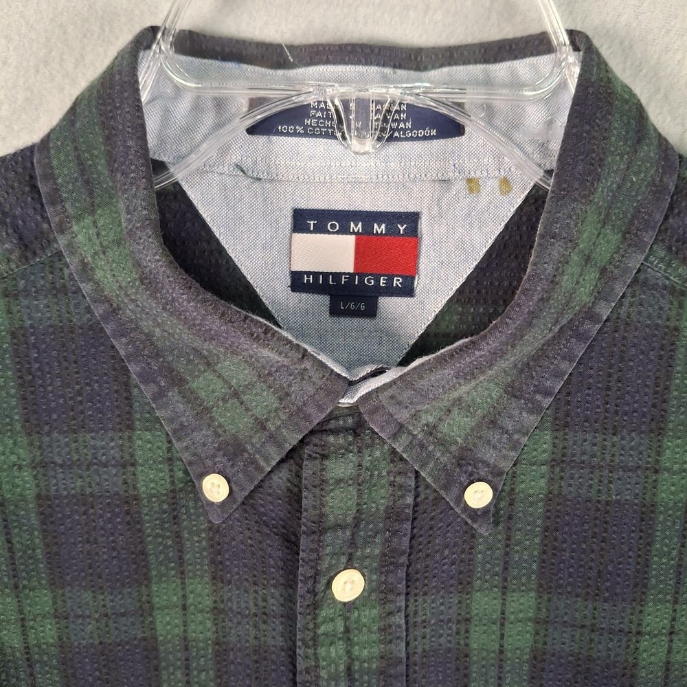 VTG 90s Tommy Hilfiger Seersucker Plaid Shirt Men L Green Navy Blue Blackwatch - Picture 6 of 9